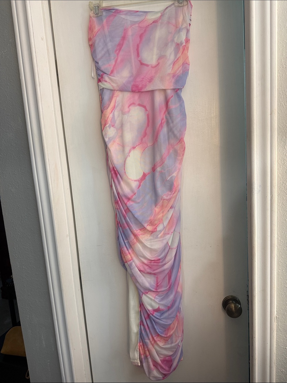 AKIRA Strapless Ruched Maxi Dress in Lavender Pink Swirl